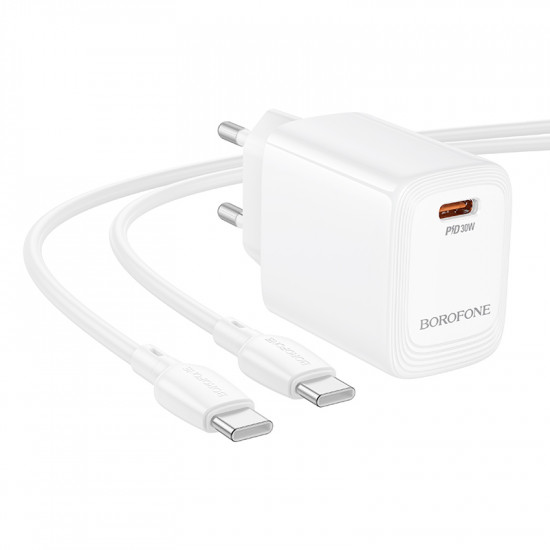 Φορτιστής Ταξιδίου Borofone BN28 Fuente GaN USB-C PD30W Mini Size + Καλώδιο Φόρτισης USB-C σε USB-C Λευκός 46176