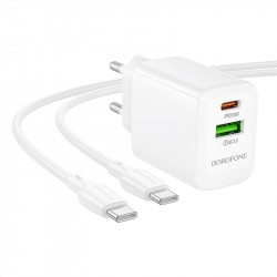 Φορτιστής Ταξιδίου Borofone BN29 Fuente GaN με 1xUSB-C PD30W και 1xUSB-A QC3.0A + Καλώδιο Φόρτισης USB-C σε USB-C Λευκός 46561