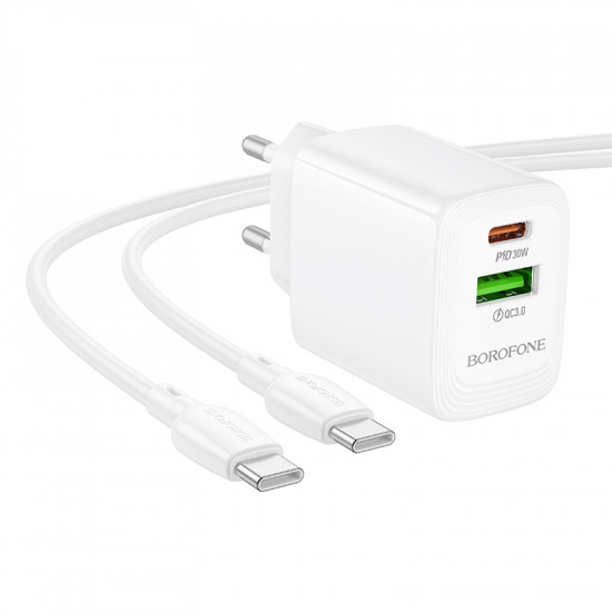 Φορτιστής Ταξιδίου Borofone BN29 Fuente GaN με 1xUSB-C PD30W και 1xUSB-A QC3.0A + Καλώδιο Φόρτισης USB-C σε USB-C Λευκός 46561