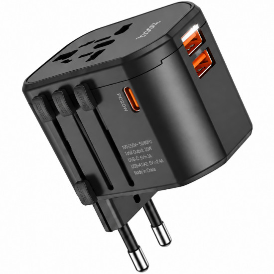Φορτιστής Ταξιδίου Hoco. DC44 Universal Converter US EU AU UK με 2xUSB-A 1xUSB-C PD20W Μαύρος 52923
