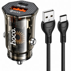 Φορτιστής Αυτοκινήτου Hoco. DZ16 Apex Lightweight USB-C PD30W + USB-A 18W QC3.0A με Καλώδιο USB-A σε USB-C Διάφανος Φιμέ 52914