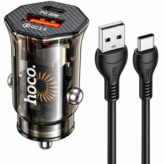 Φορτιστής Αυτοκινήτου Hoco. DZ16 Apex Lightweight USB-C PD30W + USB-A 18W QC3.0A με Καλώδιο USB-A σε USB-C Διάφανος Φιμέ 52914