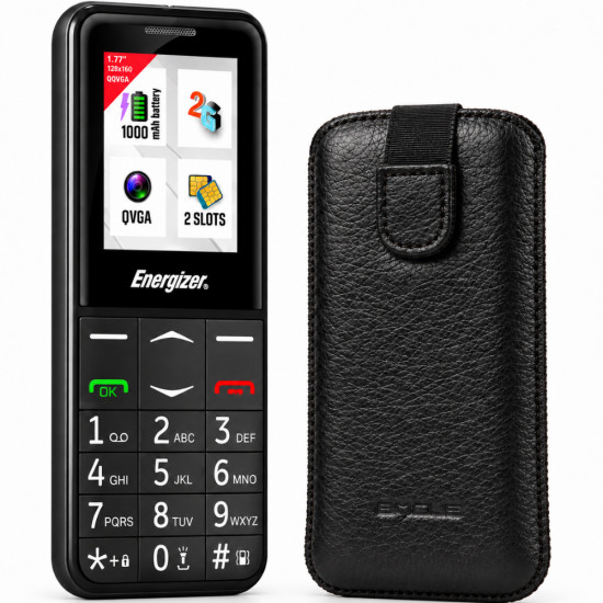 Energizer Feature E4 32MB/2GB Dual Sim 2G 1.77 με πλήκτρο SOS, Handsfree,Φορτιστή UK και EU + Θήκη Protect Ancus Δέρμα Μαύρη 53358