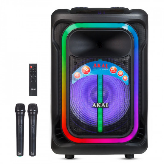 Akai ABTS-15 Pro Volcano Μαύρο φορητό Party speaker τρόλεϊ με Bluetooth, USB, SD, AUX, FM, LED, AWS με τηλεχειριστήριο, 2 ασ. μικρ. και υποδοχές για μικρ. και όργανο – 75W RMS
