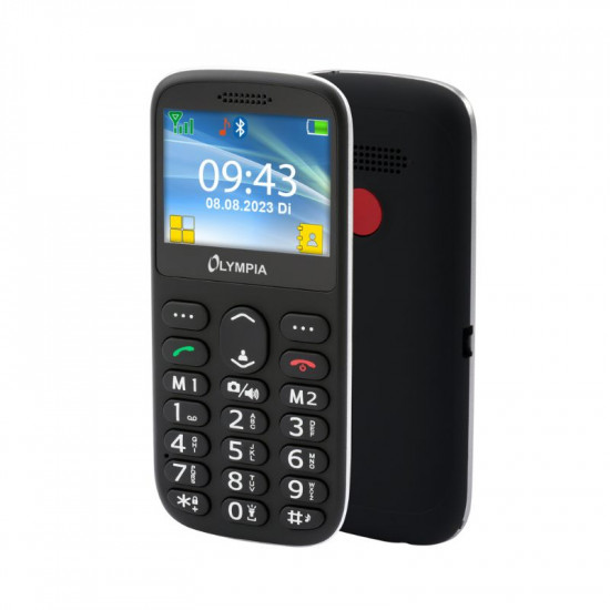 Olympia SUN (2222) Μαύρο κινητό τηλέφωνο Bluetooth με μεγάλα κουμπιά, USB-C, Dual SIM, Camera, FM, microSD, handsfree, φακό, κουμπί SOS, οθόνη 2.3″ και βάση στήριξης