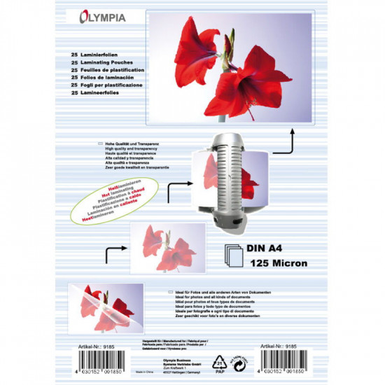 Olympia 9185 Φύλλα πλαστικοποίησης για Α4 σε κουτί 125 microns 25 τμχ
