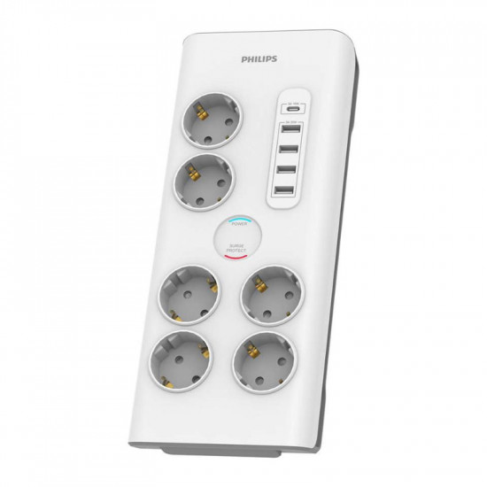 Philips SPN7060WA/GRS Πολύπριζο ασφαλείας 6 θέσεων με 1 USB Type-C 15 W και 4 USB Type-A 20 W