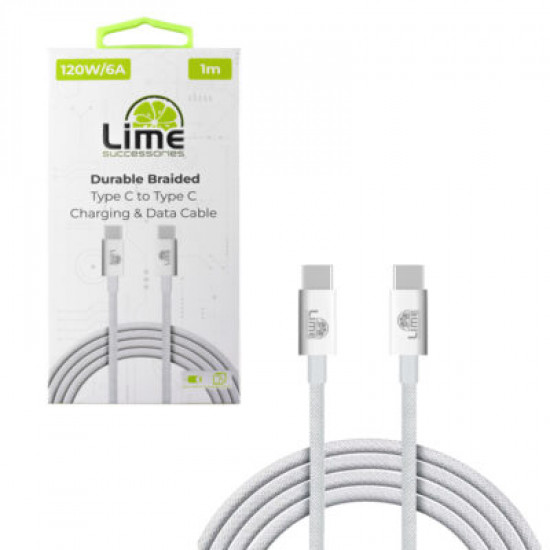 Lime LBCC02 Ανθεκτικό Πλεκτό Καλώδιο USB-C σε USB-C 120W, 1m Λευκό (8386664)