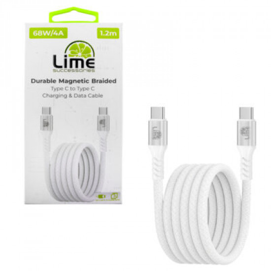 Lime LBMCC01 Ανθεκτικό Μαγνητικό Πλεκτό Καλώδιο USB-C σε USB-C 68W, 1,2m Λευκό (8386565)