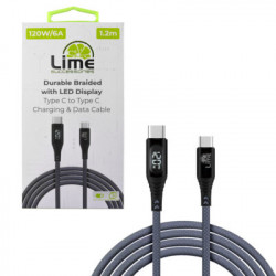 Lime LBLCC02 Ανθεκτικό Πλεκτό Καλώδιο USB-C σε USB-C με Οθόνη LED 120W, 1,2m Γκρι (8387111)