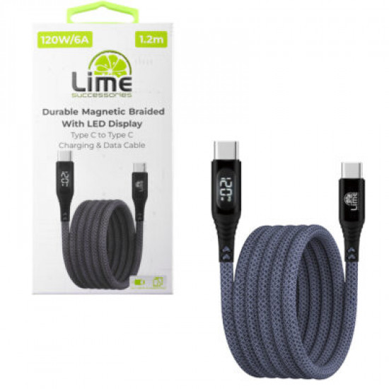 Lime LBMLCC01 Ανθεκτικό Μαγνητικό Πλεκτό Καλώδιο USB-C σε USB-C με Οθόνη LED 120W, 1,2m Γκρι (8366666)