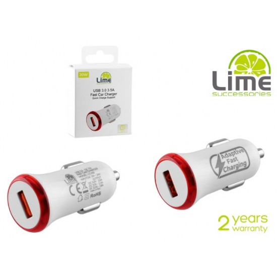Lime LCU02 Φορτιστής Αυτοκινήτου USB Fast Charging QC 3.0 20W Λευκό (8276217)