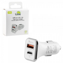 Lime LCUPD21 Διπλός Φορτιστής Αυτοκινήτου USB & USB-C PD/QC 3.0 40W, Λευκό (8276200)