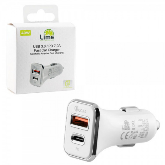 Lime LCUPD21 Διπλός Φορτιστής Αυτοκινήτου USB & USB-C PD/QC 3.0 40W, Λευκό (8276200)