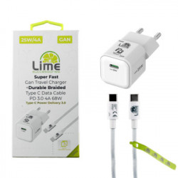 Lime LGC25W Φορτιστής Ταξιδιού GaN PD 3.0 25W + Πλεκτό Καλώδιο USB-C to USB-C LBCC01 (8414664)