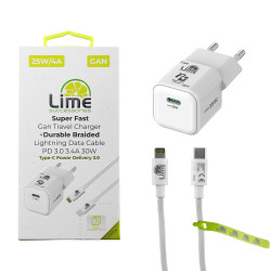 Lime LGC25W Mini Φορτιστής Ταξιδιού GaN PD 3.0 25W + Πλεκτό Καλώδιο USB-C to Lightning LBCL01 (8390333)