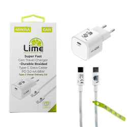 Lime LGC45W Φορτιστής Ταξιδιού GaN PD 3.0/QC 3.0 45W + Πλεκτό Καλώδιο USB-C to USB-C LBCC01 (8402333)