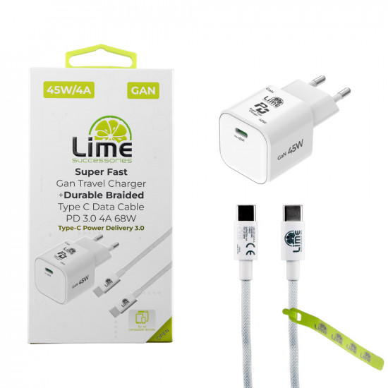 Lime LGC45W Φορτιστής Ταξιδιού GaN PD 3.0/QC 3.0 45W + Πλεκτό Καλώδιο USB-C to USB-C LBCC01 (8402333)