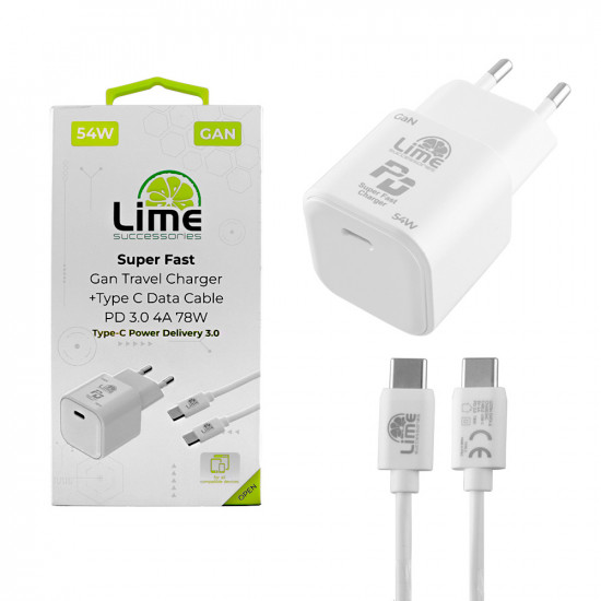 Lime LTC54W Φορτιστής Ταξιδιού GaN PD 3.0 54W + Καλώδιο USB-C to USB-C LCC04 (8367755)