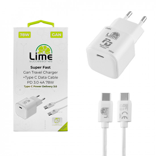 Lime LTC78W Φορτιστής Ταξιδιού GaN PD 3.0 78W + Καλώδιο USB-C to USB-C LCC04 (8368585)