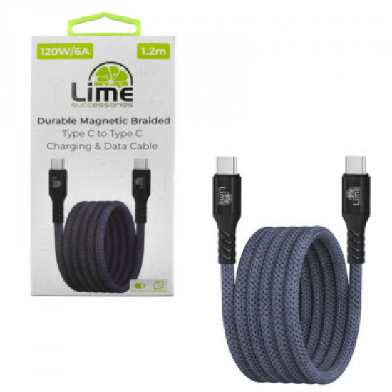 Lime LBMCC04 Ανθεκτικό Μαγνητικό Πλεκτό Καλώδιο USB-C σε USB-C 120W, 1,2m Γκρι (8387555)